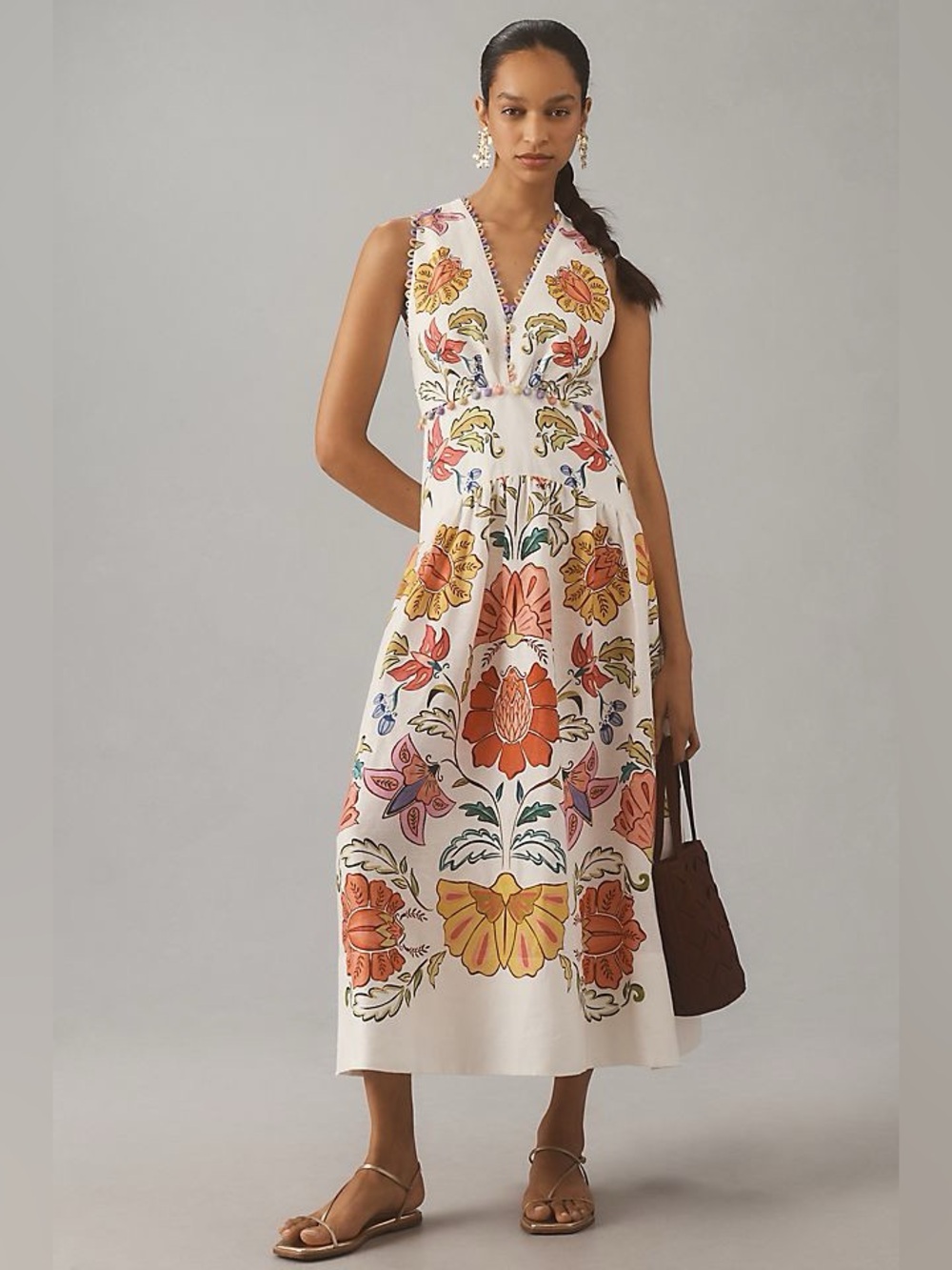 Farm Rio Off-White Floral Insects Euroflax™ Premium Linen Maxi Dress Sz XS NWT